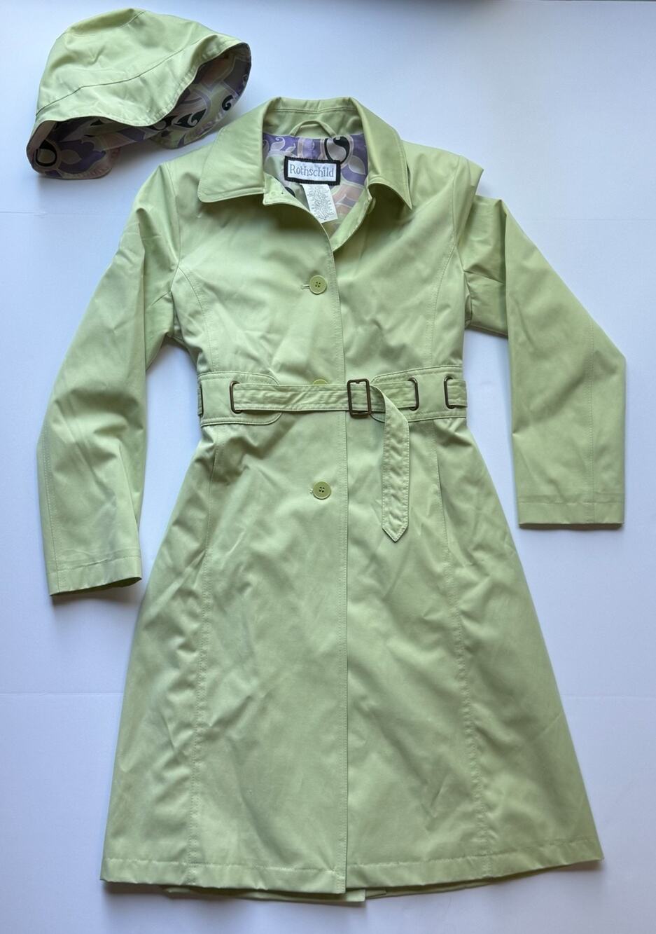 Y2K Rothschild Trench Coat & Matching Bucket Hat Set Sz 14Y Lime Paisley Lining